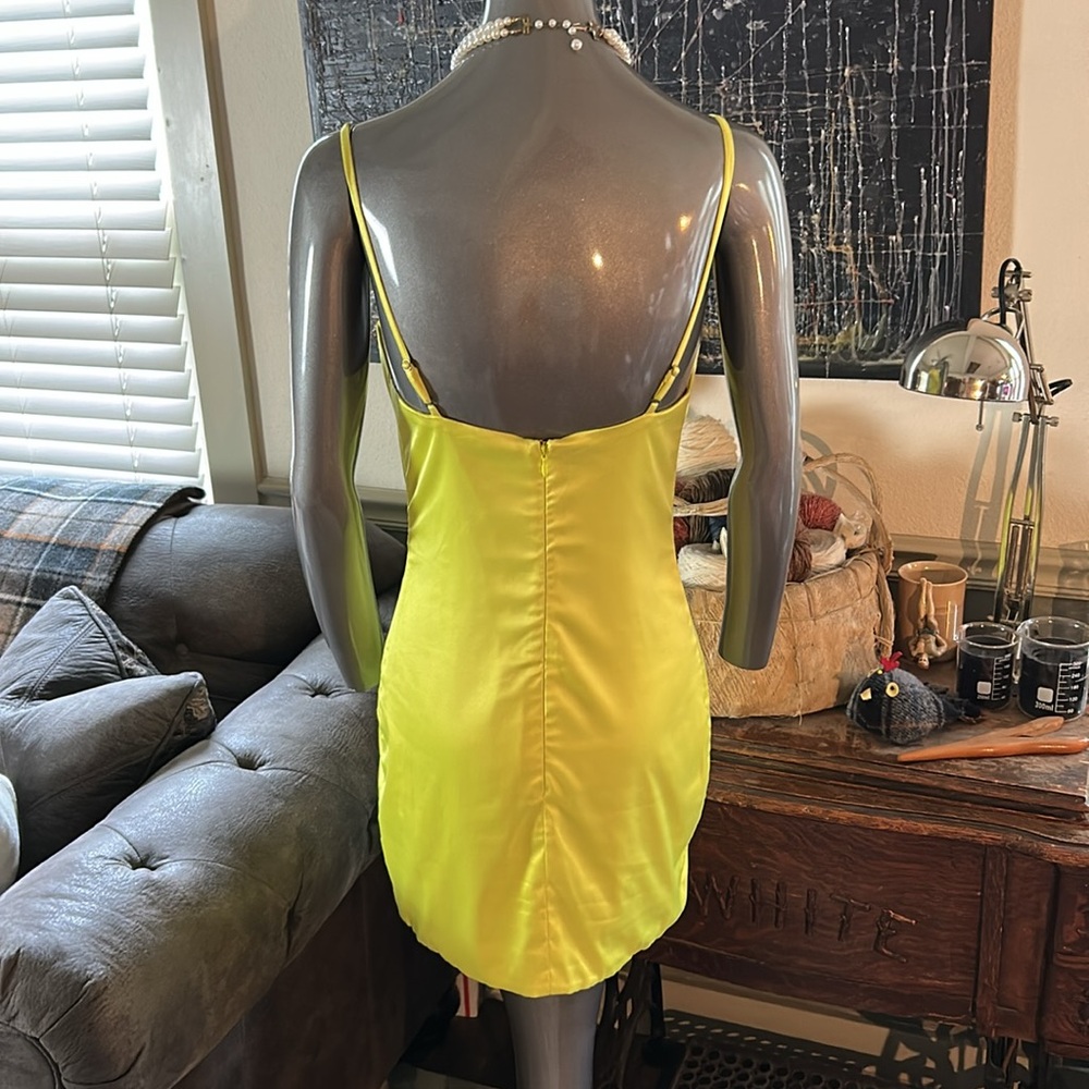 oh POLLY ‘Ahead Of The Curve' Underwired Satin Mini Dress in Neon Yellow - Picture 5 of 16
